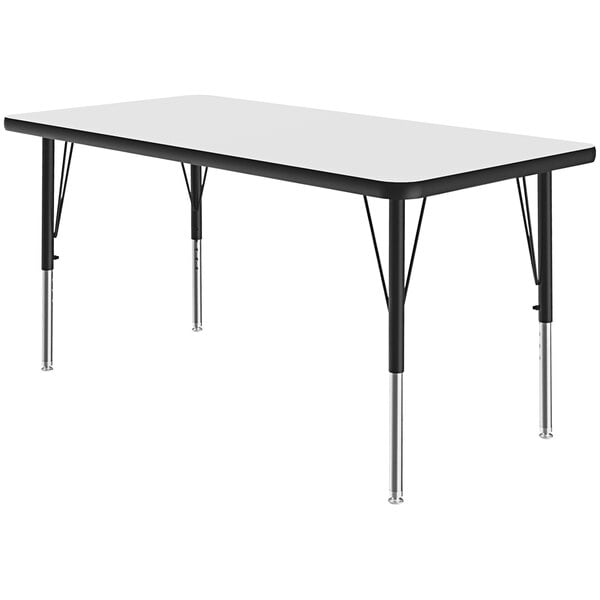 A Correll rectangular white activity table with black legs.