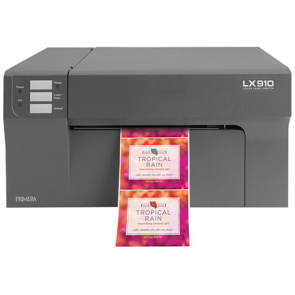 A Primera LX910 color label printer printing a label.