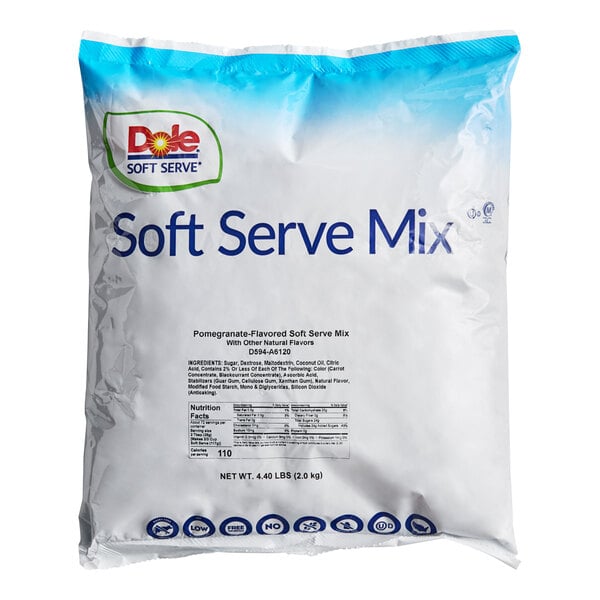 A white bag of DOLE Pomegranate Soft Serve Mix with blue text.