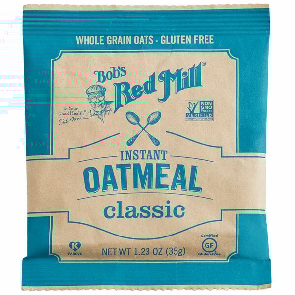 A blue and white package of Bob's Red Mill Classic Gluten-Free Oatmeal.