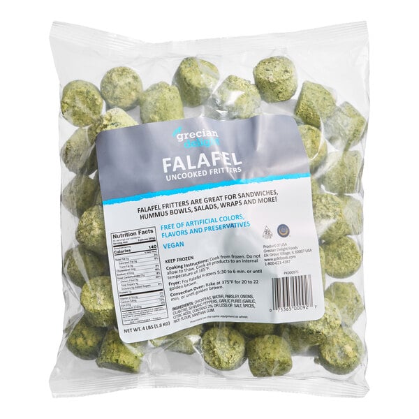 A bag of Grecian Delight 1 oz. uncooked falafel fritters weighing 4 pounds.