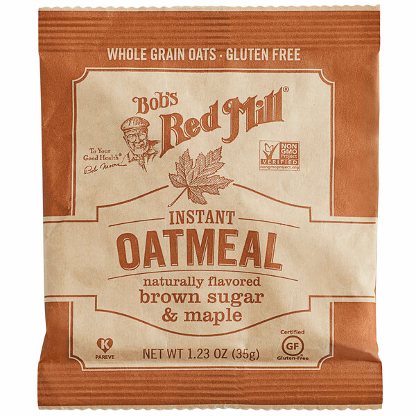 A case of 32 Bob's Red Mill Gluten-Free Maple Brown Sugar Oatmeal packets.