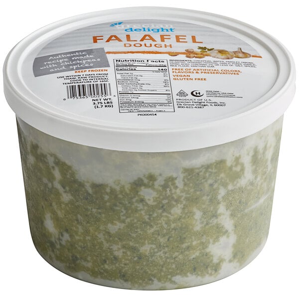 A white container of Grecian Delight falafel dough with a white lid.