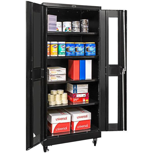 A black metal Hallowell mobile storage cabinet with shelves and safety-view doors.