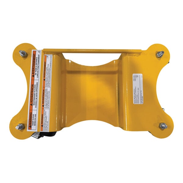 A yellow steel pallet rack lifting dolly with a rectangular frame and four corner bolts.