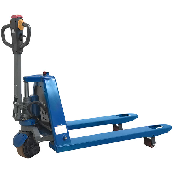 A blue Wesco hand pallet truck with wheels and a handle.