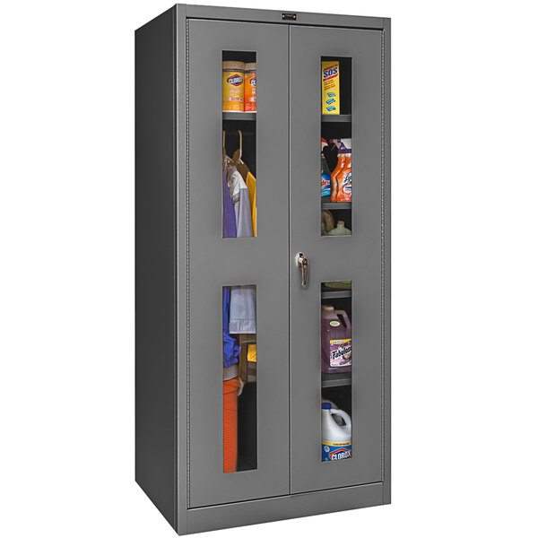 A Hallowell gray combination cabinet with glass doors.