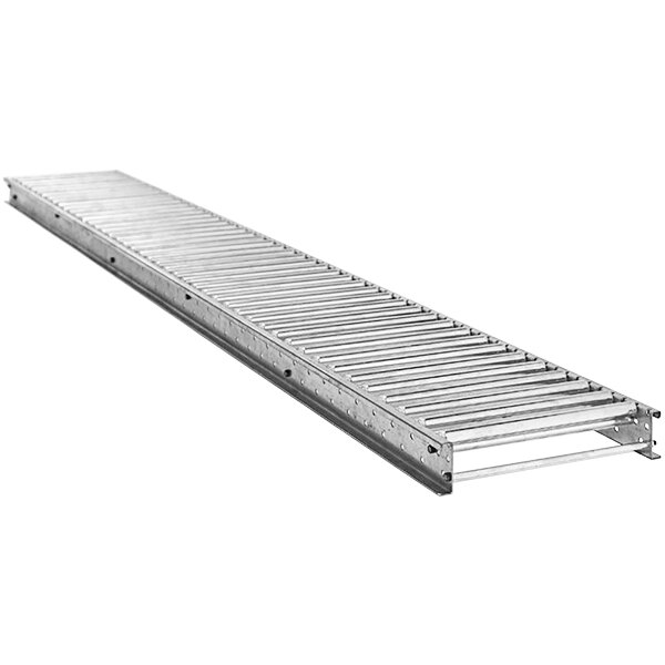 Galvanized steel gravity flow insert for a roller conveyor.