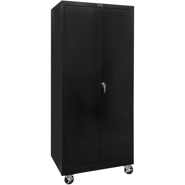 A black metal Hallowell storage cabinet with wheels.