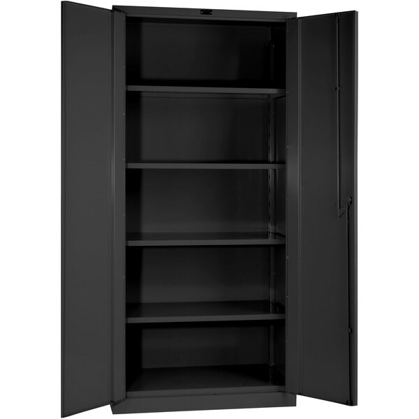 A gray metal Hallowell heavy-duty storage cabinet with open doors and shelves.