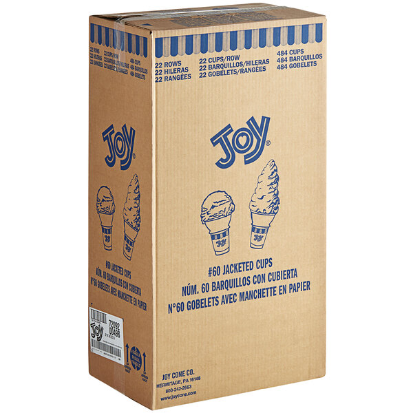 A box of 484 JOY flat bottom jacketed cake ice cream cones.