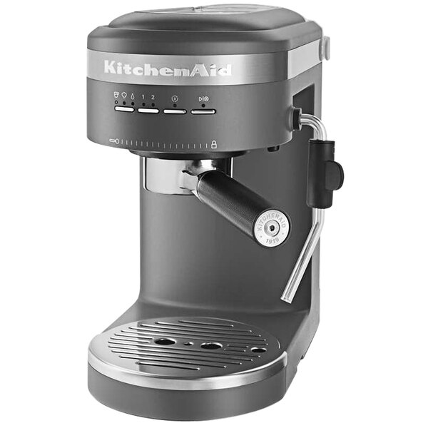 A black and silver KitchenAid espresso machine.