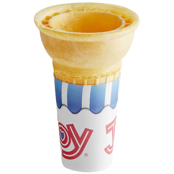 A JOY flat bottom ice cream cone in a container.