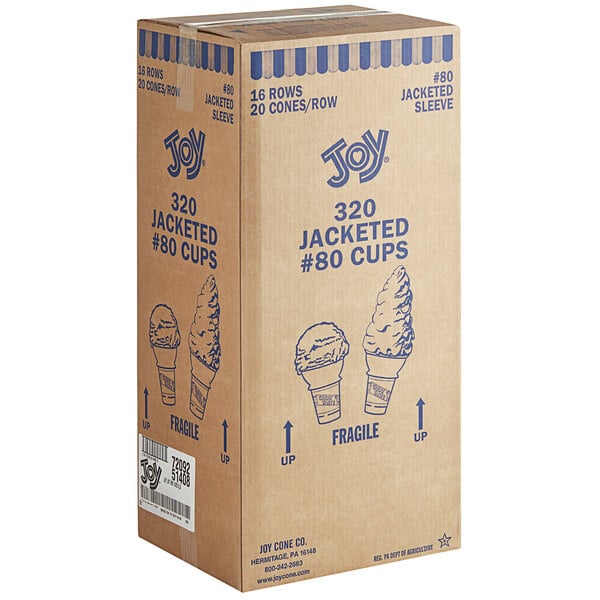 A brown box with blue writing labeled "JOY #80 Flat Bottom Jacketed Cake Cone" containing ice cream cones.