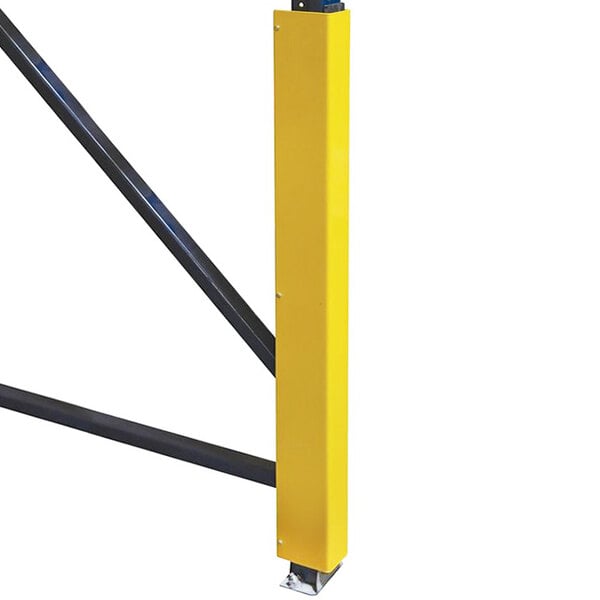 A yellow steel rack guard with a black rubber bumper.