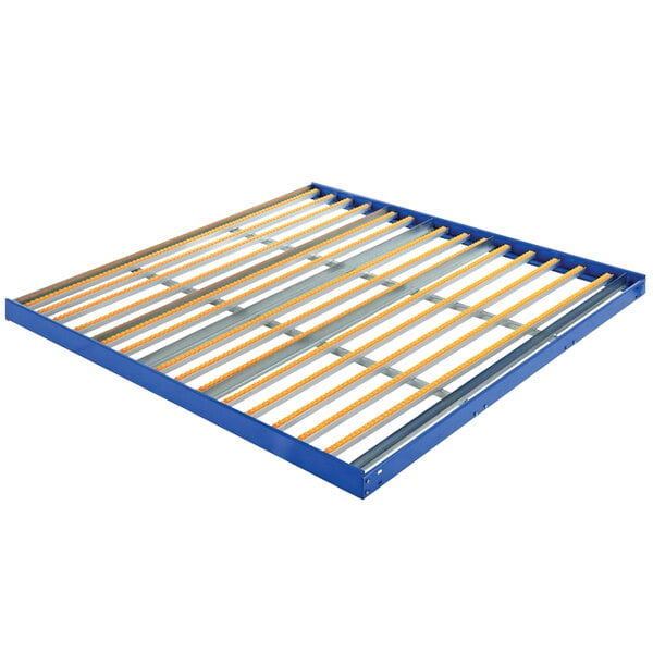 A blue metal Pallet Rack Gravity Flow Shelf with yellow and blue stripes.