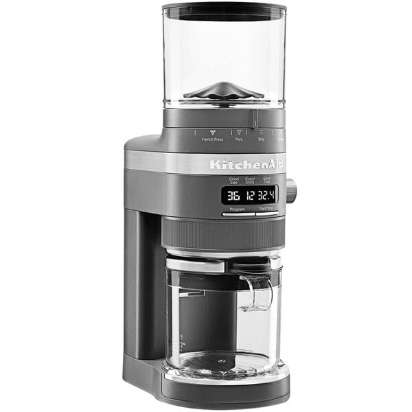 A gray KitchenAid commercial coffee grinder with a glass container.