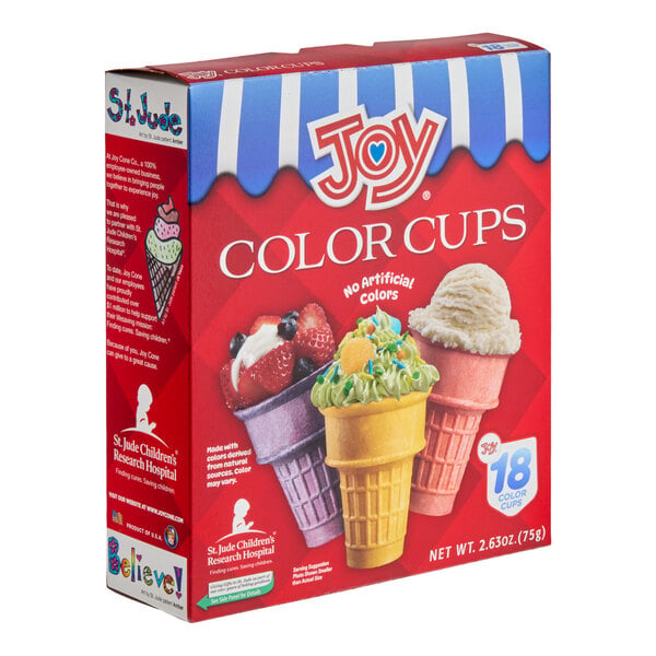 A box of Joy Color Cups featuring colorful ice cream cones with images of ice cream and toppings on the front, labeled as containing 18 color cups with no artificial colors.