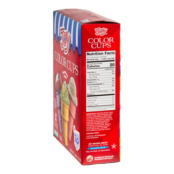 A red box labeled 'Joy Color Cups' featuring images of colorful ice cream cones and nutritional information on the side.