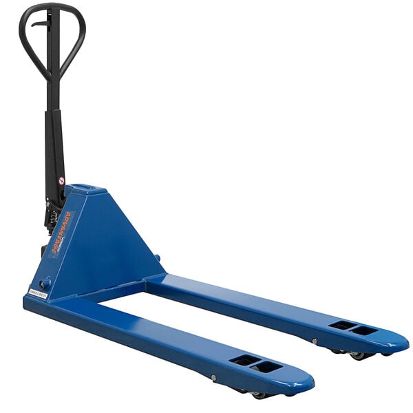 A blue Wesco Industrial Products pallet truck with black handle.