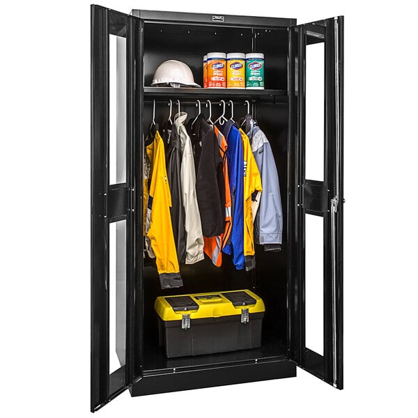 A black Hallowell metal wardrobe cabinet with Safety-View doors.