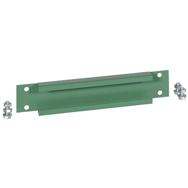 A green metal rectangular plate with screws.