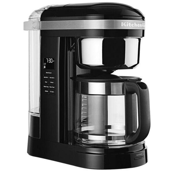 A black KitchenAid 12-cup coffee maker with a glass carafe.