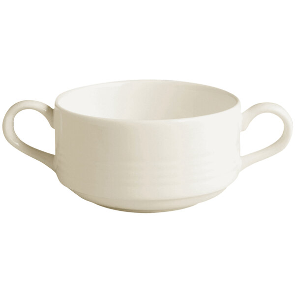 A white RAK Porcelain soup bowl with two handles.