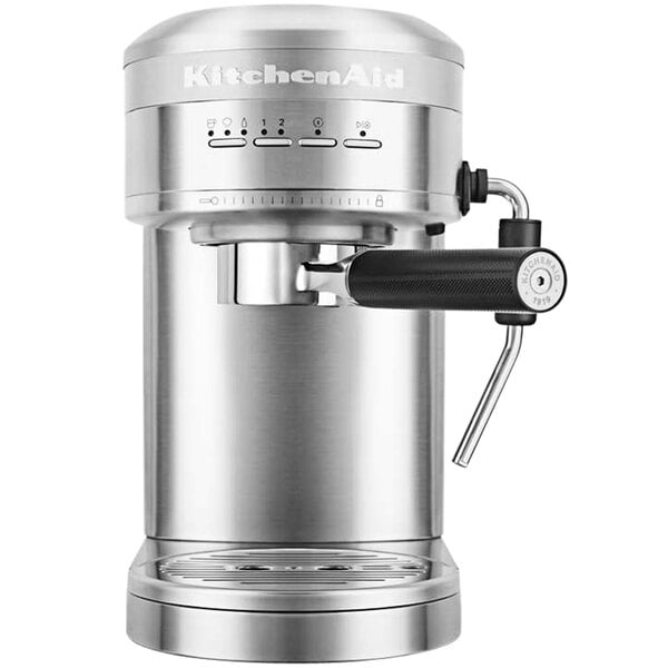 A close up of a silver KitchenAid espresso machine with a handle.