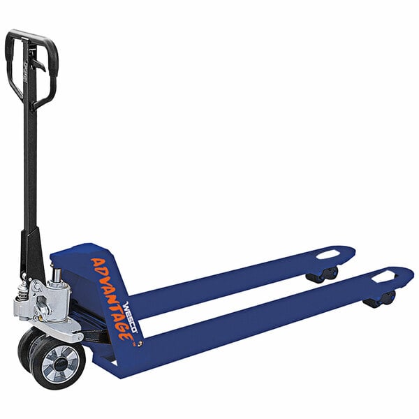 A blue Wesco hand pallet truck with black wheels.