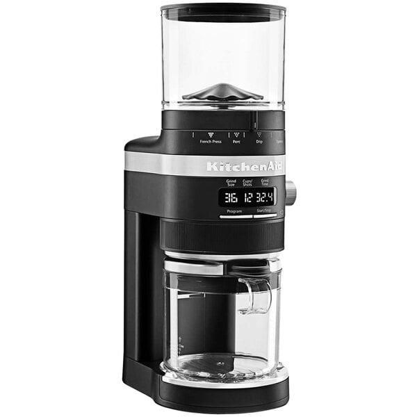 A matte black KitchenAid commercial coffee grinder with a silver and black hopper.