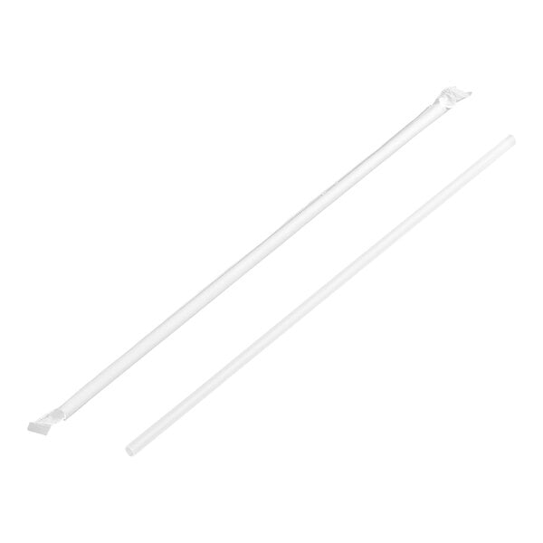 A clear plastic drinking straw with one straw shown individually wrapped in paper.