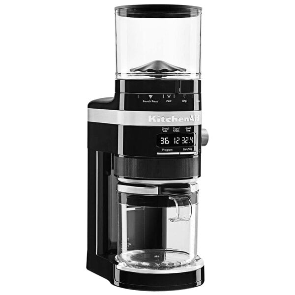 A black KitchenAid burr coffee grinder on a white background.