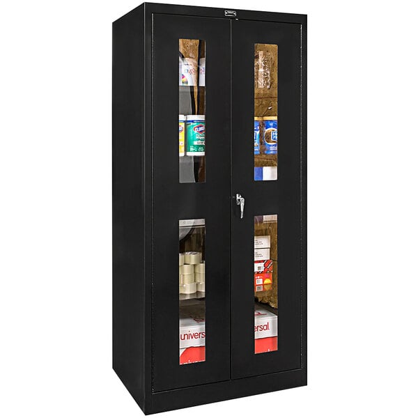 A black Hallowell storage cabinet with glass doors.