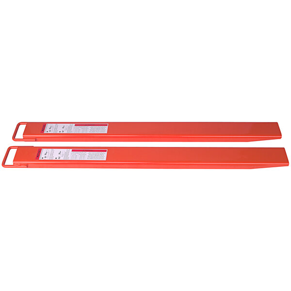 A red and white sign for Wesco Industrial Products 6" x 72" Fork Extension Set with two orange plastic handles.