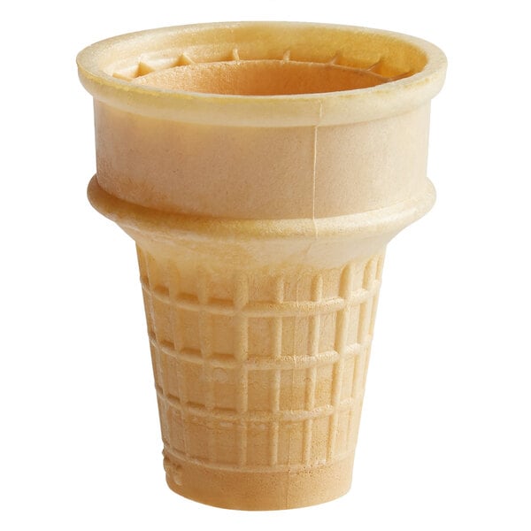 A close up of a flat bottom ice cream cone with a lid on top.