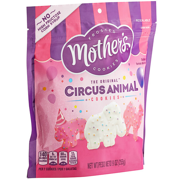 A white Mother's Circus Animal Cookies bag with a pink unicorn and colorful sprinkles.