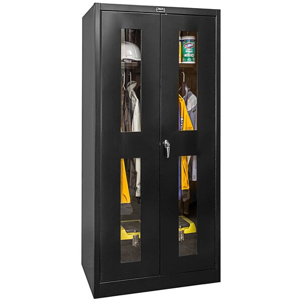 A black metal Hallowell wardrobe cabinet with glass doors.