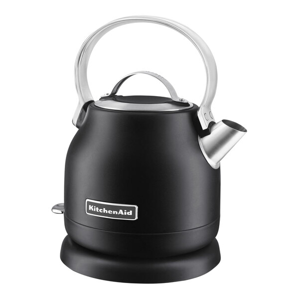 A black and stainless steel KitchenAid electric kettle.