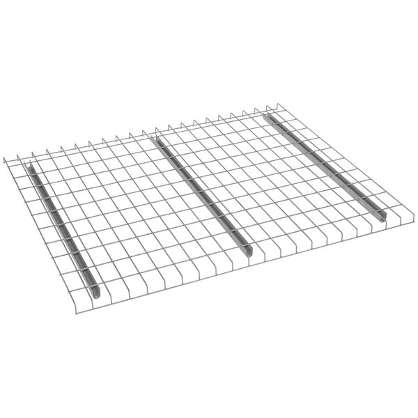 A close-up of a Vestil galvanized steel welded wire pallet with metal rods.