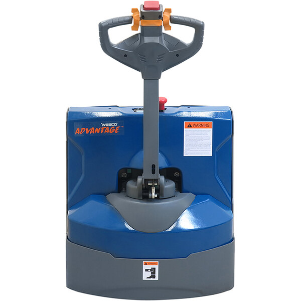 A blue and grey Wesco Industrial Products power pallet truck on a white background.