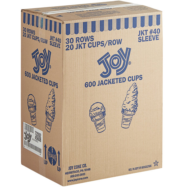 A box of JOY flat bottom jacketed cake cones with blue writing on it.