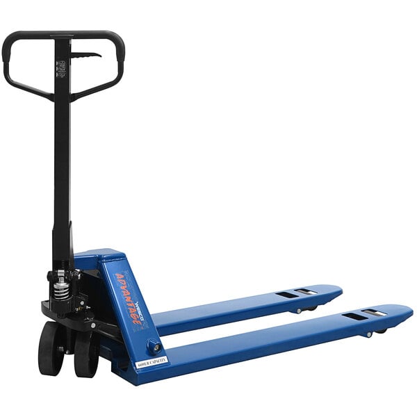 A blue Wesco hand pallet truck with handle and wheels.