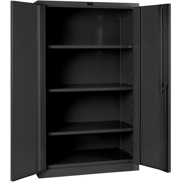 A gray metal Hallowell storage cabinet with open doors and shelves.
