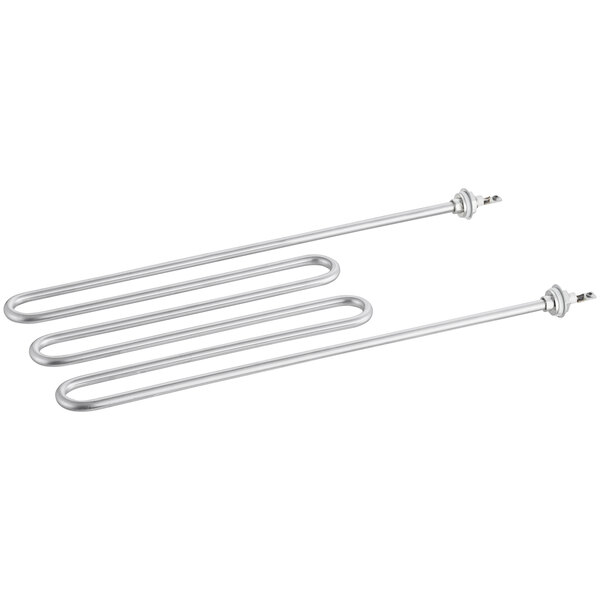 A close-up of three stainless steel heating rods for an Avantco broiler.
