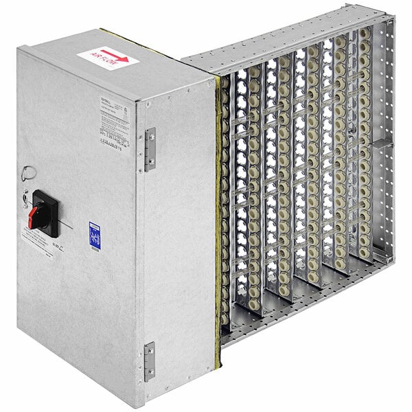 The packaged duct heater's metal enclosure with several electrical components.