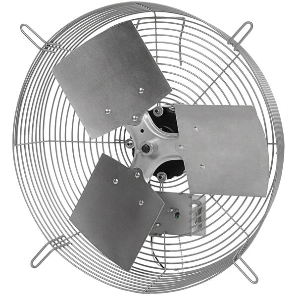 A TPI wall-mounted metal exhaust fan with metal blades.