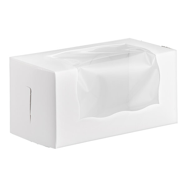 A white bakery box with a clear window on top, measuring 8 by 4 by 4 inches.