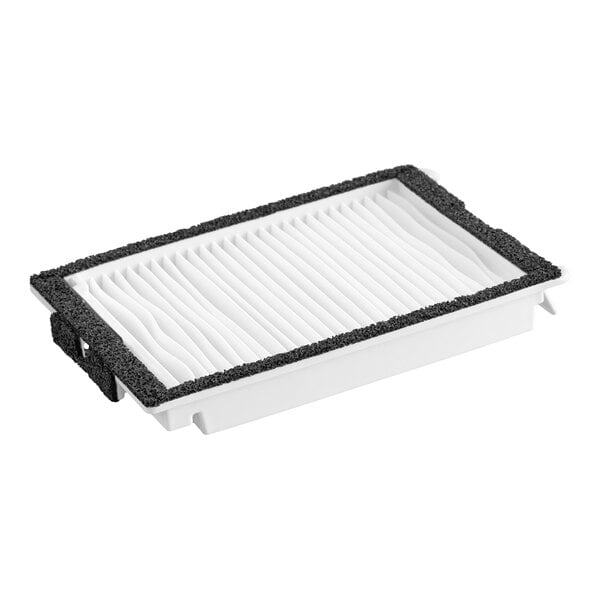 A rectangular white filter with pleated material and a black textured border.