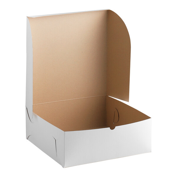 A large white bakery box with an open lid, designed for cakes or baked goods.